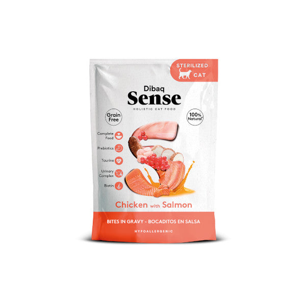 Dibaq Sense Bocaditos en Salsa de Pollo con Salmón para gatos adultos esterilizados